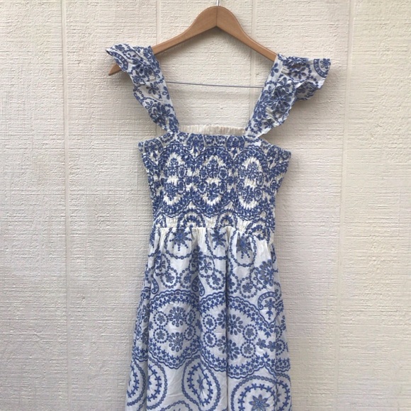 Zara Openwork embroidered floral eyelet Blue and White ruffle sleeves Maxi Dress - Picture 8 of 16